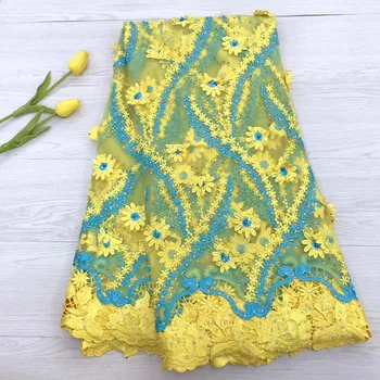 

Franse kant stof kralen Afrikaanse 3D tule kant stof van 5 yards elke partij kant stof for a de bruid's trouwjurk yellow A18-B12