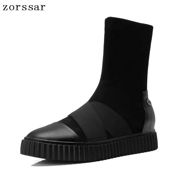 

{Zorssar} 2018 Fashion Spring and Autumn Women Ankle Boots slip on flat Round Toe elastic fabric Ladies platform short Boots