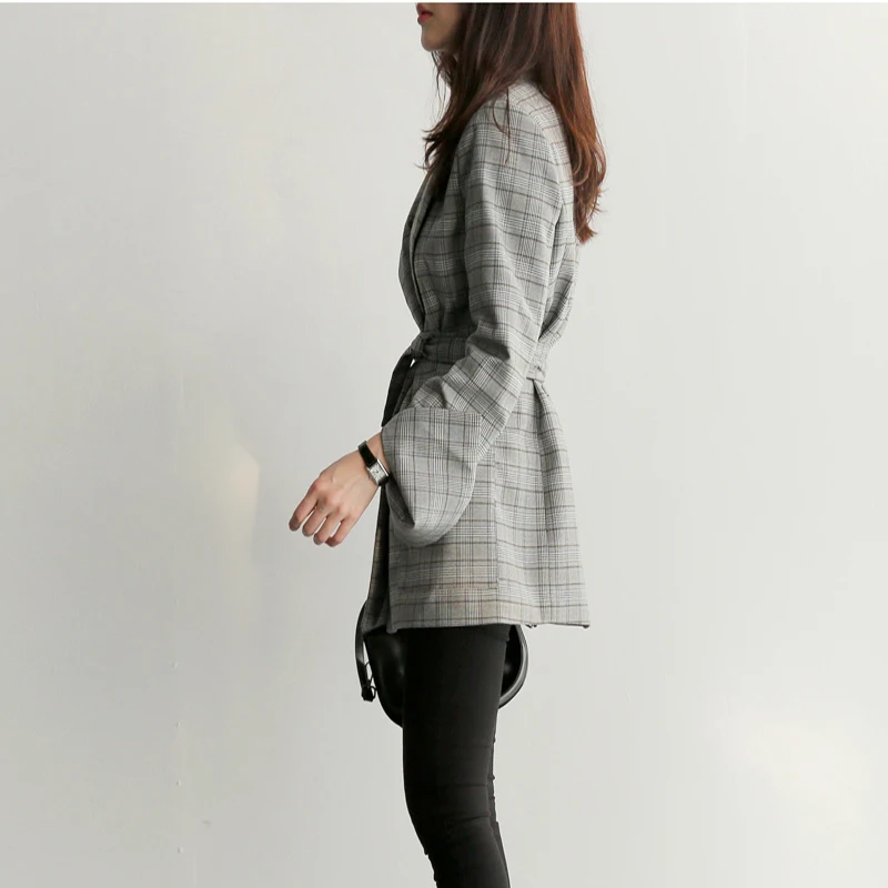price cut  RUGOD Women Plaid Coat and Jackets Suit Femme Long Sleeve Office Ladies Wear with Belt Female Jacke
