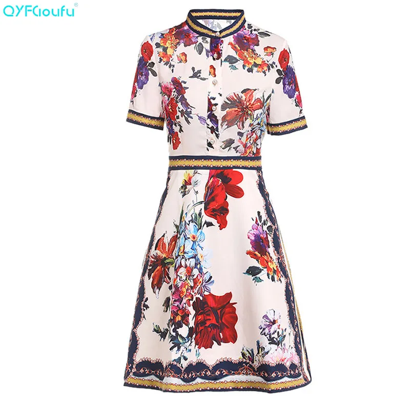 

QYFCIOUFU Fashion Women Summer Clothes Dress Short Sleeve Beading Floral Print Runway Dress Quality Elegant Vestidos Verano 2019
