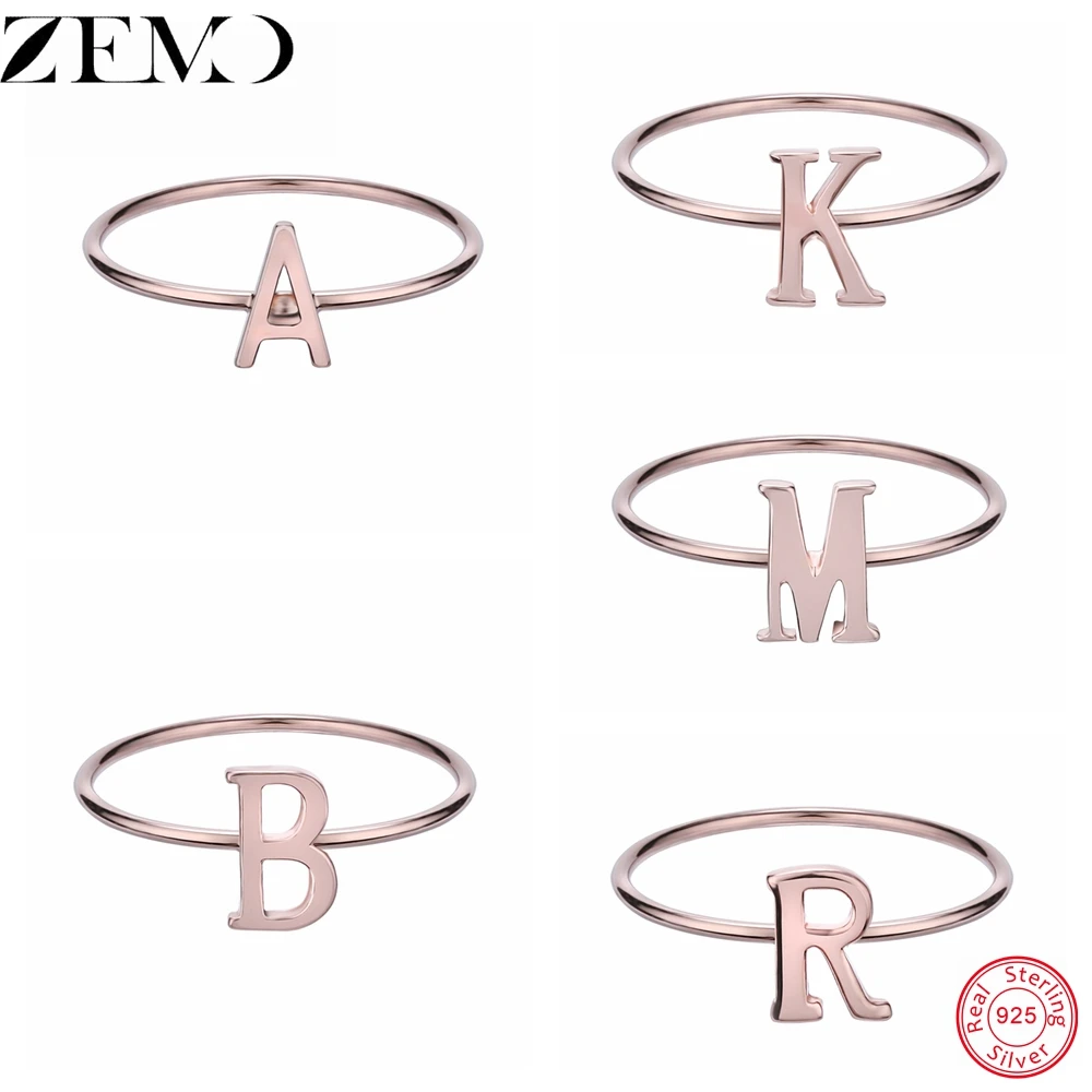 

ZEMO Luxury Rose Gold Alphabet Ring Real 925 Silver Finger Ring for Women Fashion Party Finger Jewellry Accessory Statement Gift