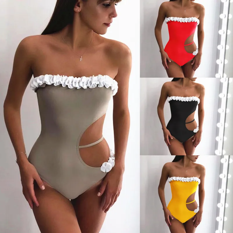 

XREOUGA 2019 Petal Ruffle Bikinis Women Swimsuit Hollow Out One PieceSwimwear Push Up Bikini Beach Bathing Suit Brazilian Biquni