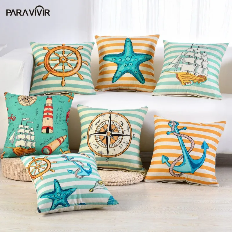 Marine style Blue Sea Helm Printed Cushion Cover Cotton Linen Coral Anchor Throw Pillow Decorative Car Chair Case | Дом и сад