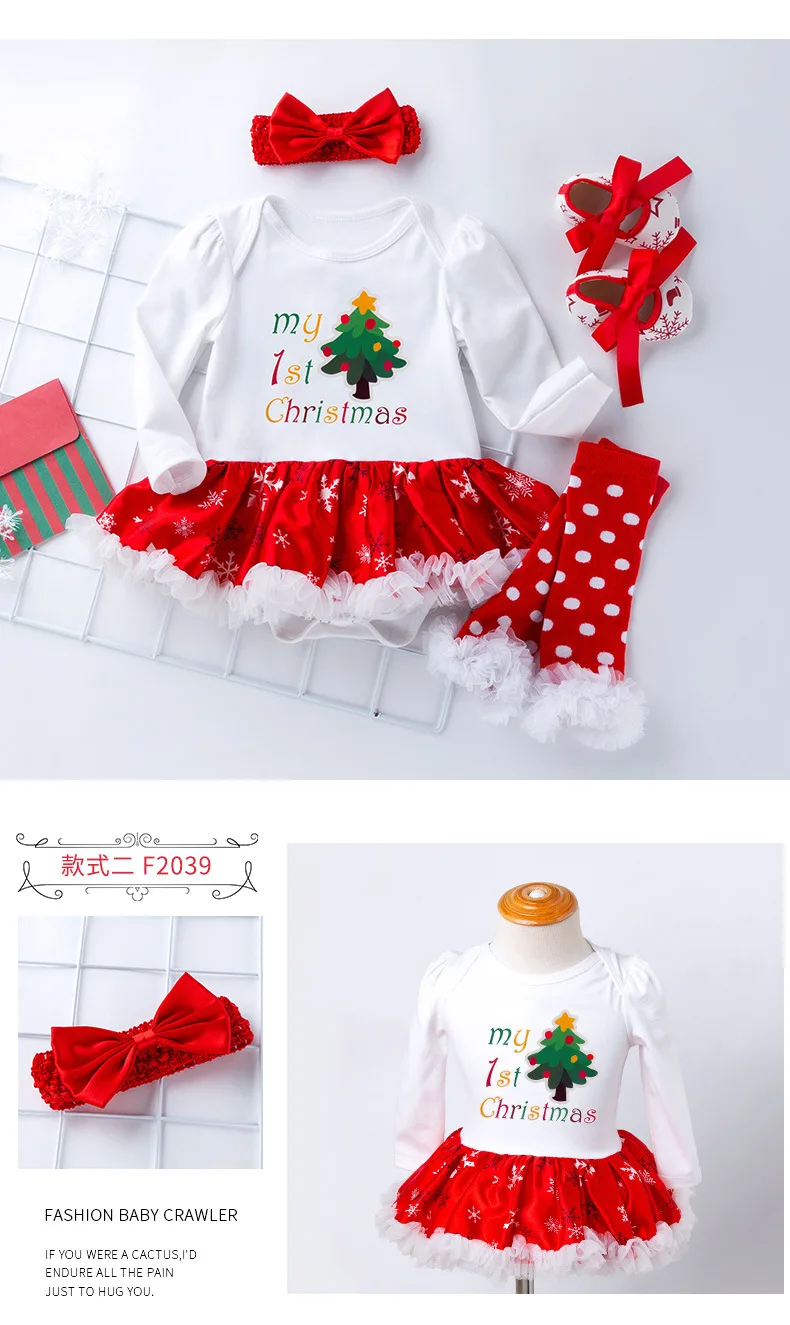 Первый комбинезон для малышей Рождественский комплект с юбкой-пачкой Одежда для новорожденных девочек нарядное платье+ повязка на голову+ обувь+ гетры, 4 предмета