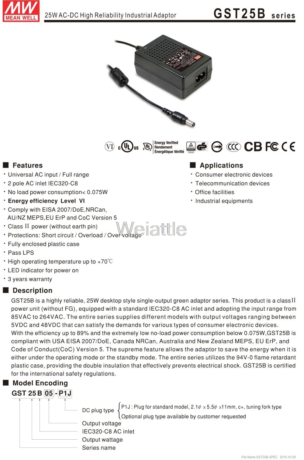 Meanwell Mean Well Original 24 v 1.04a Gst25b 25 w Ac-dc Alta Confiabilidade Industrial Adaptador Gst25b24-p1j 3 Renovação da Casa