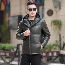 Мужской зимний кожаный пуховик, мужской короткий тонкий кожаный пиджак с капюшоном, Корейская Молодежная Повседневная модная мужская куртка на молнии
