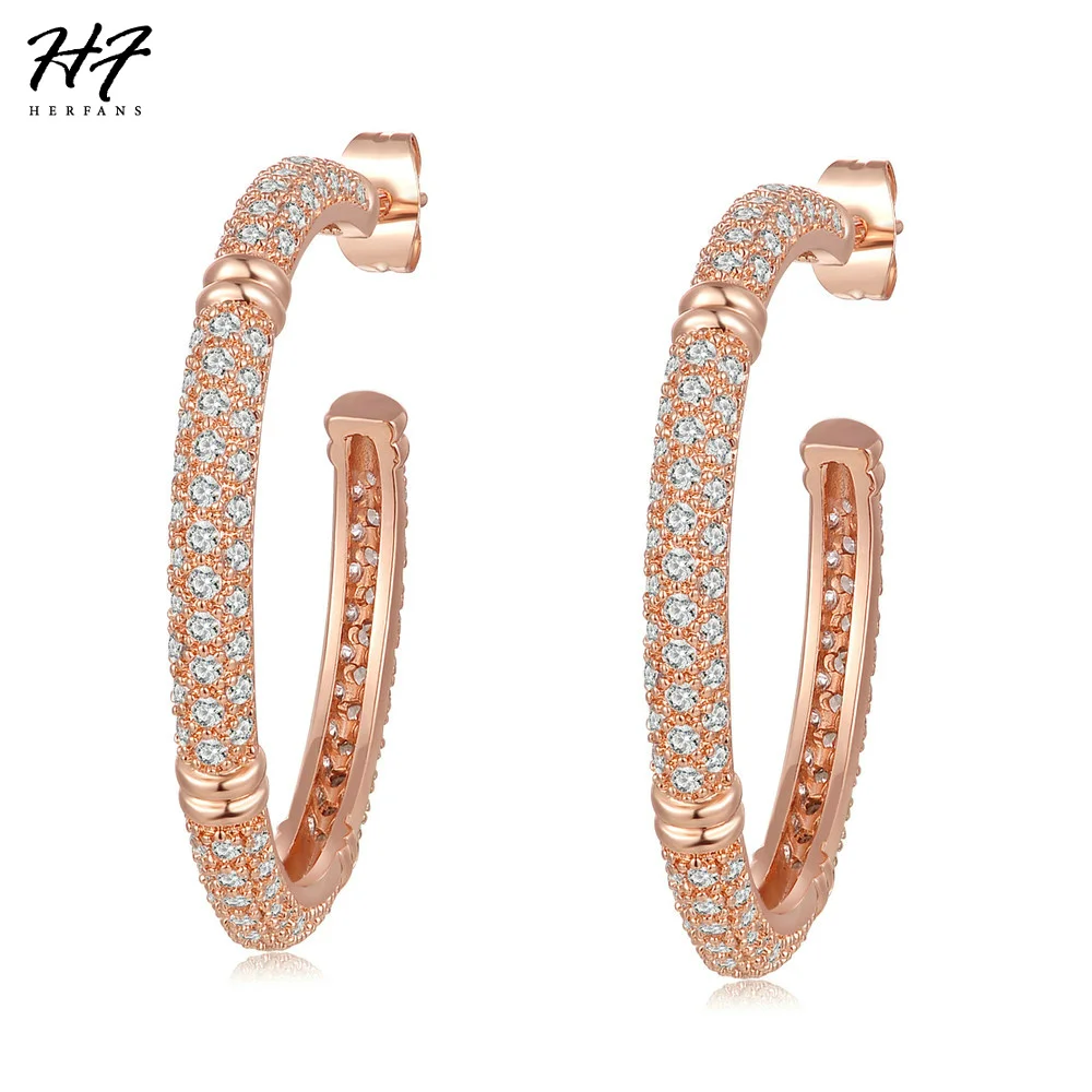 Big Hoop Earrings For Women Rose Gold Color High Quality Austrian Cubic Zirconia Inlaid Luxury Fashion jewelry HotSale E617 | Украшения и