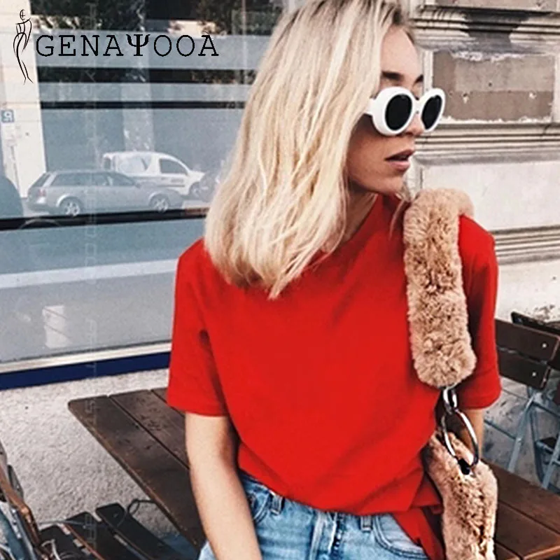 

Genayooa 100% Cotton T-Shirts White O Neck Tshirt Cotton Women Solid Summer 2019 Black Woman Short Sleeve Tees Tops Red Harajuku