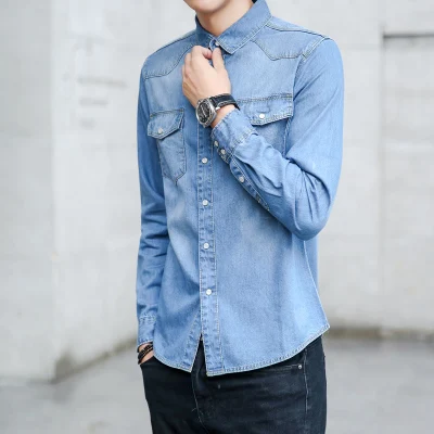 Новинка, высококачественные мужские рубашки с длинным рукавом, модная повседневная приталенная Хлопковая мужская джинсовая синяя рубашка, однобортная XXL - Цвет: Небесно-голубой