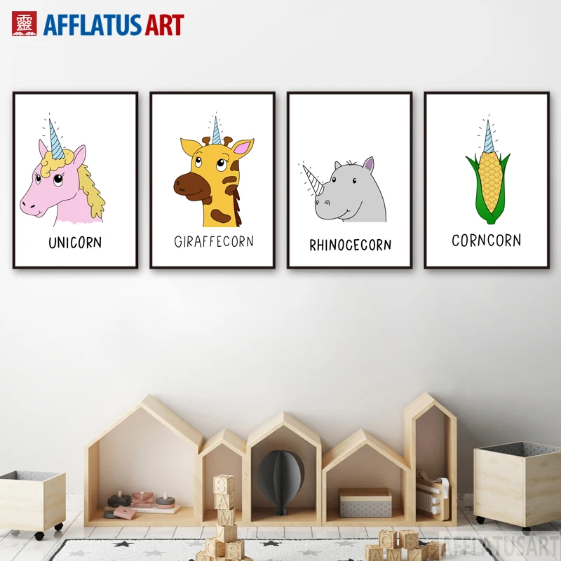 

Cartoon Unicorn Giraffe Hippo Nordic Poster Wall Art Canvas Painting Posters And Prints Animals Wall Pictures Kids Room Decor