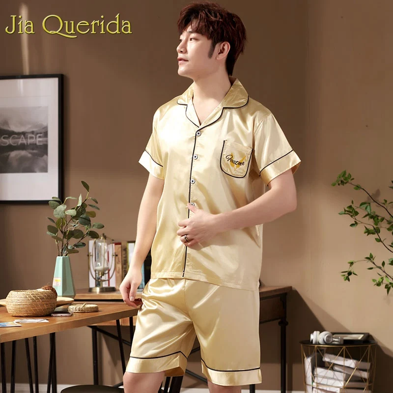 J& Q роскошная мужская домашняя одежда модные атласные пижамы мужские и женские атласные пижамы с вышитыми буквами и отворотами короткие парные пижамы