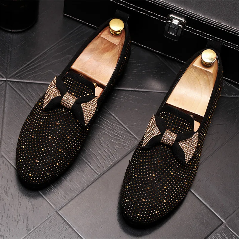 

VIVODSICCO Luxury Brand Bowknot Men loafers Black Diamond Rhinestones Spikes men shoes Rivets Casual Flats sneakers wholesale