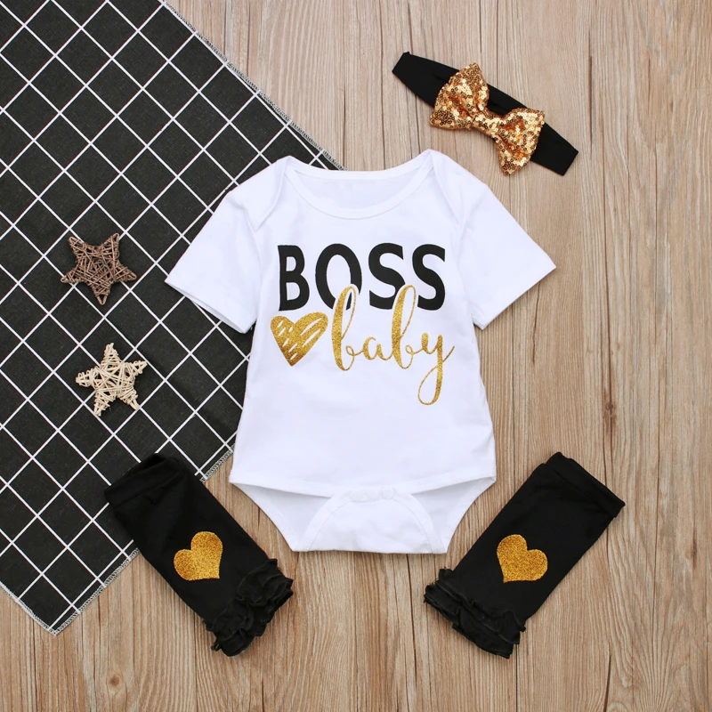 

2018 Newborn Infant Baby Girls Clothes Short Sleeves Boss Jumpsuit+Headbands+Leggings Pants Heart Casual 3Pcs Outfits Set