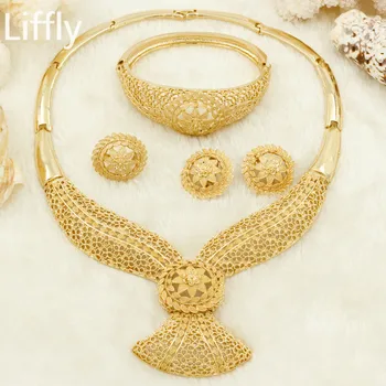 

Liffly Bridal Fashion Dubai Jewelry Sets for Women Flower Necklace Nigerian Wedding Charm Gold Jewelry Set Birthday Gift