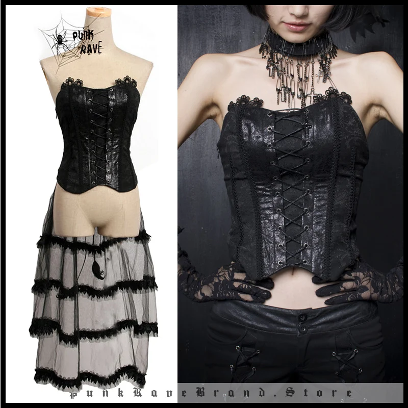 

PUNK RAVE Women's Sexy Black Vest Gothic Vampire Womens Bandage Top with Lace Slim Fit Corset Christmas Halloween Clothing Women