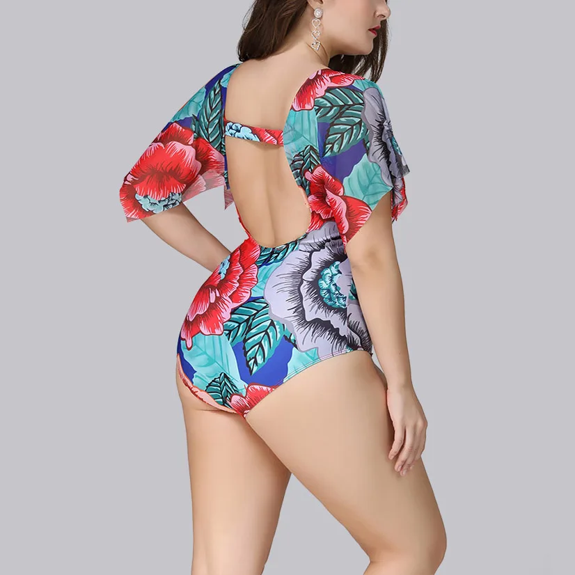 

Sexy Women Swimwear Plus Size Push Up Floral Printed Flying Sleeve Bikini Beautiful Back Large Size One Piece Swimsuit XL-5XL