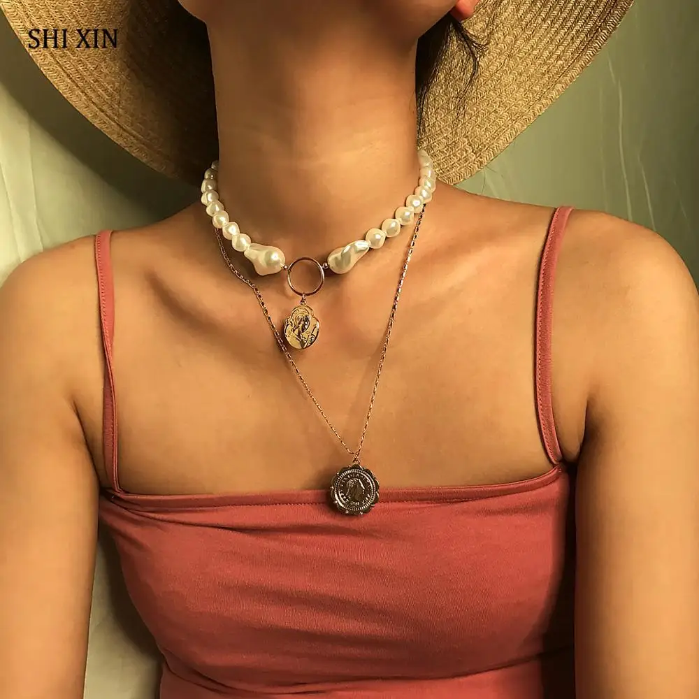 

SHIXIN Bohemian Multi Layered Chain Chokers Necklaces for Women Pearl Necklaces with Coin Pendants Necklace 2019 Fashion Jewelry