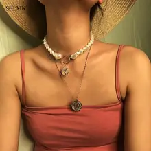 SHIXIN Bohemian Multi Layered Chain Chokers Necklaces for Women Pearl Necklaces with Coin Pendants Necklace 2019 Fashion Jewelry SHIXIN Bohemian Multi Layered Chain Chokers Necklaces for Women Pearl Necklaces with Coin Pendants Necklace 2019 Fashion Jewelry