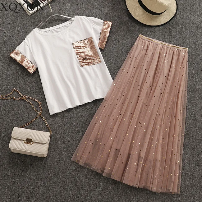 

2019 Summer Sweet Pink Star Sequin Mesh Skirt Sets Women Pocket Sequin White Cotton T-shirt + Long Gauze Skirt 2 Piece Sets