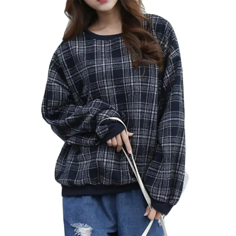 

MISS M Fashion Women Hoodies Cotton Autumn Winter Coat Long Sleeve Plaid Cotton Hoodies Casual O-Neck Sweatshirt Oversize Gray