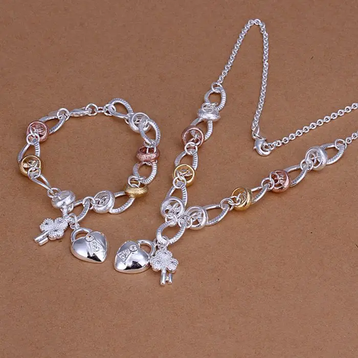 

925 jewelry silver plated jewelry set, fashion jewelry set Heart Lock And Flower Key /ciqakzxa ctnalkua LKNSPCS010
