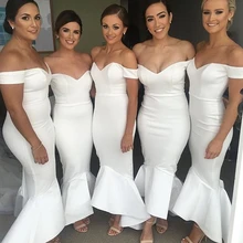 Long Bridesmaid Dresses 2017 Mermaid Cap Sleeve Sweetheart Stretch Satin White Bridesmaid Dress
