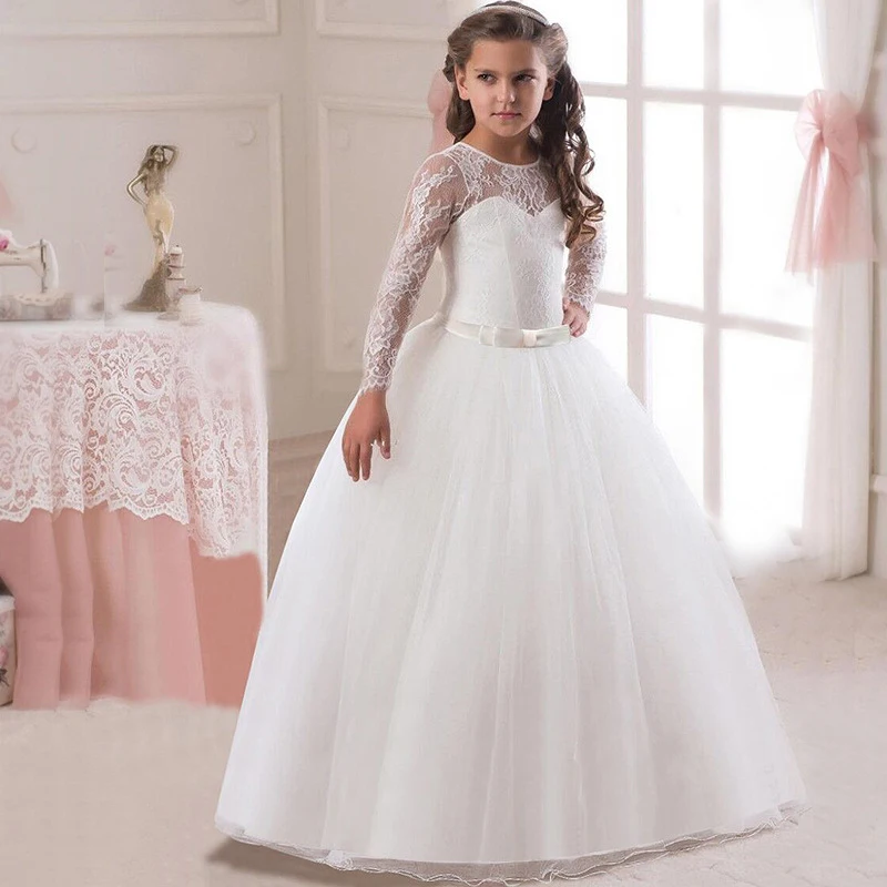 

5-14Y Kids Girls Long White Lace Flower Party Ball Gown Prom Dresses Kids Girl Princess Wedding Children Communion Dress