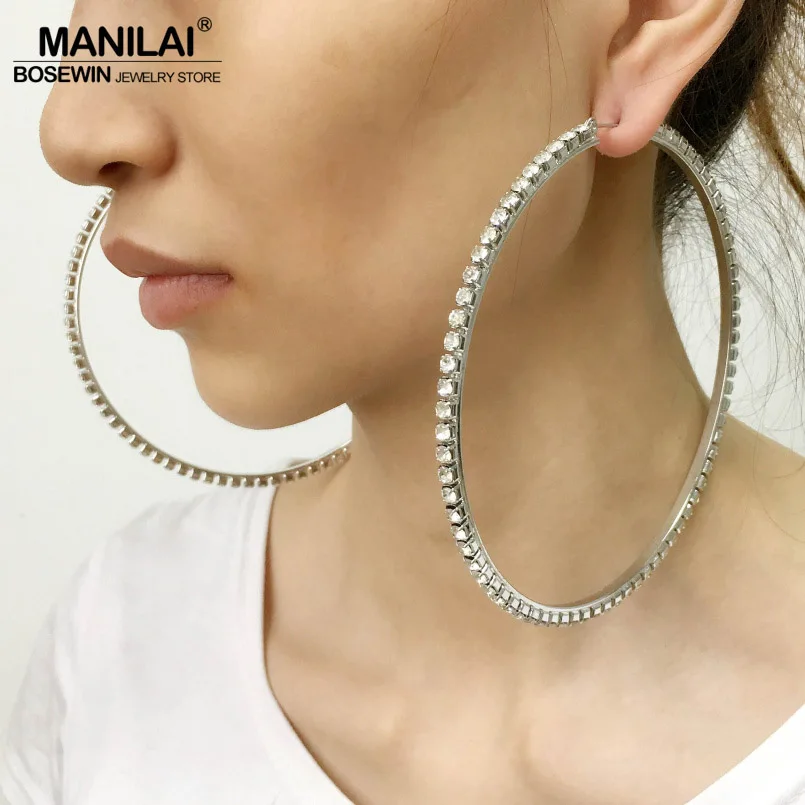 MANILAI, роскошные серьги-кольца с большими кристаллами диаметром 100 мм, массивные ювелирные изделия, стразы, серьги для женщин, свадебные серьги - Окраска металла: Silver FE443