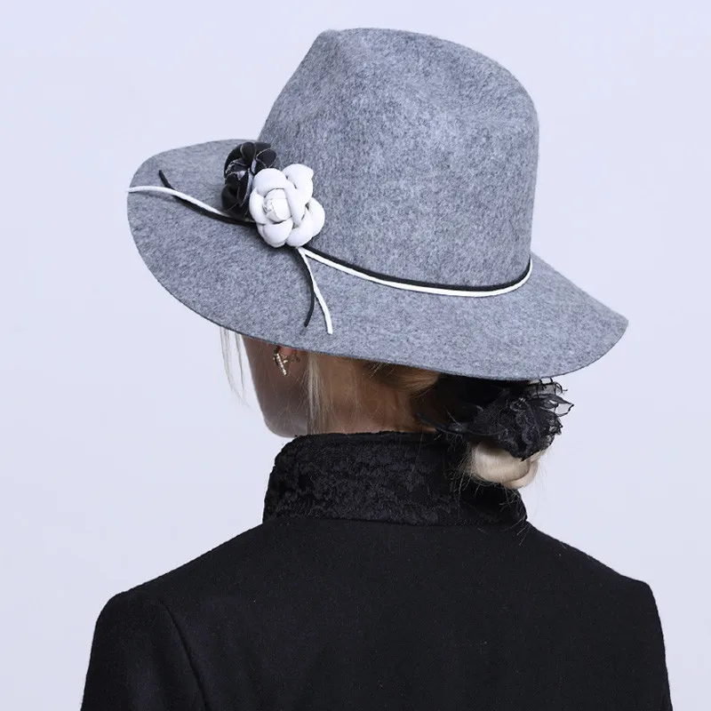 Австралийская Шерсть Женская зимняя Auturmn Floppy Brim Flower Camellia Fedora шляпа для элегантных laday церковная Кепка Панама топ шляпа 20 - Цвет: Grey