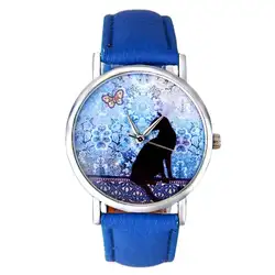 Модные кожаные часы с рисунком кота повседневные женские наручные часы, кварцевые часы Relogio Feminino подарок # D