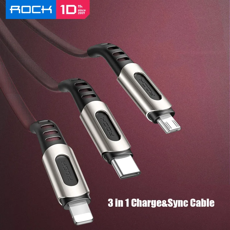 ROCK 3 в 1 USB кабель для смартфонов Microusb type-C зарядный кабель для iPhone зарядный кабель Micro USB зарядное устройство Дата шнур