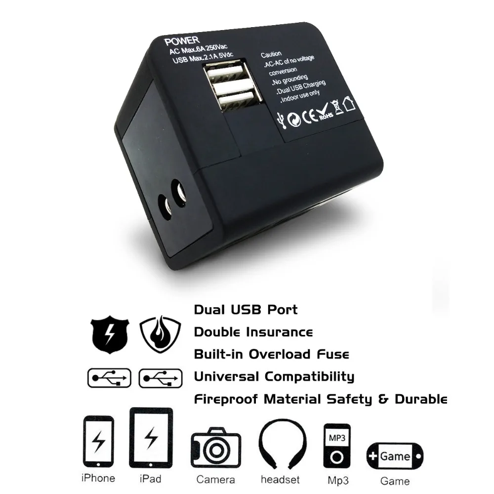 Зарядное устройство USB для путешествий, Международный адаптер питания 2.1A двойное зарядное устройство USB и по всему миру розетки переменного тока вилки для Великобритании, США, Австралии, Европы