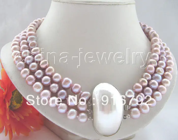 

free shipping >>>>>Beautiful3row17-19" 9mm purple round FW pearl necklace