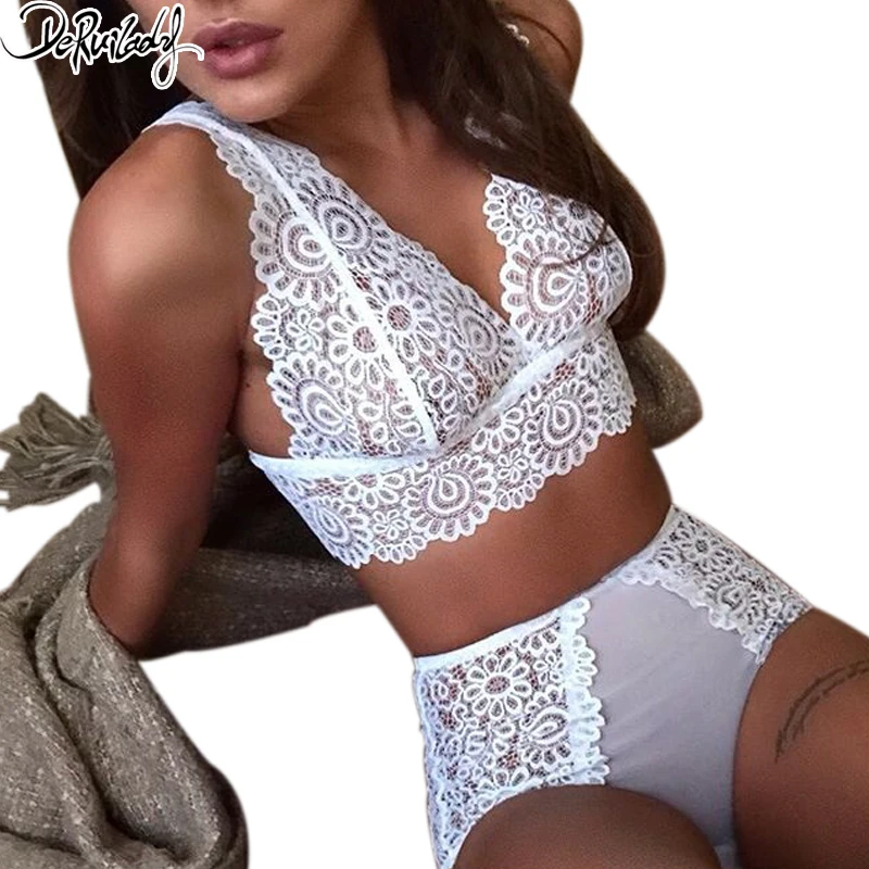DeRuiLaDy Elegant Lace Bra Set Ultra-thin Seamless Deep V Bra Panties Set Hollow Out Transparent Sexy Lingerie Underwear Women