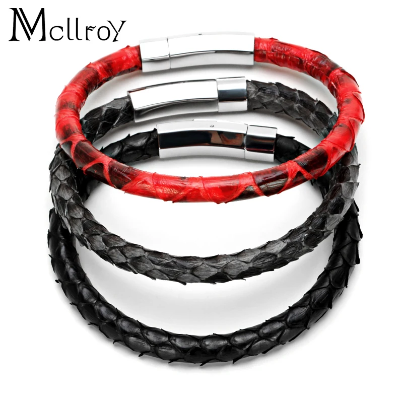 

Mcllroy 2017 New Fashion 6 mm Real Snake skin Man Bracelet Titanium Steel Button Couple Leather Bracelet For Men Women Gift
