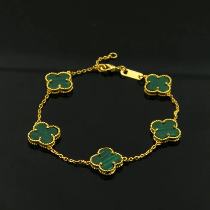 

Top quality brand logo green leaf shell Black Onyx bead bracelet natural stone gold color five flower love bracelet for women