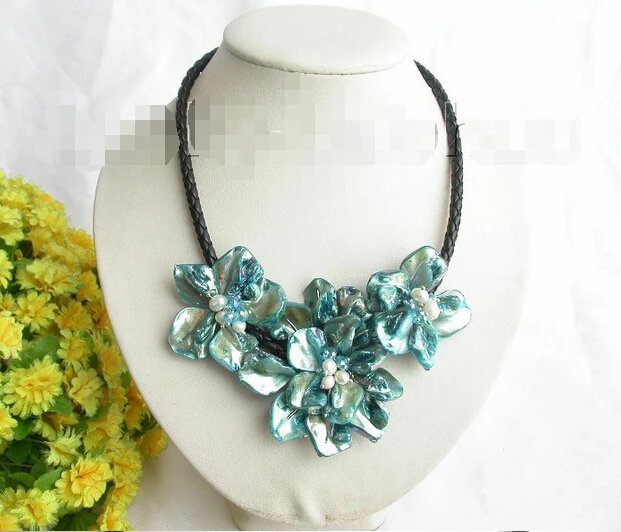 

handcraft bloom sky blue seashell pearls choker leather necklace GIFT j7773 @^Noble style Natural Fine jewe FREE SHIPPING ##a #a