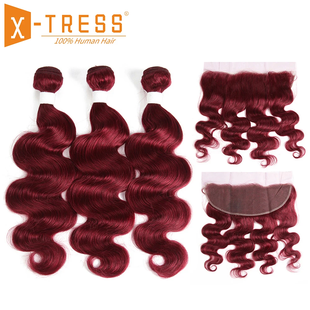 99J/Burgundy Human Hair Weave Bundles 3PCS With Lace Frontal Closure X-TRESS Brazilian Body Wave Non-Remy Hair Weft Extensions 99J/Burgundy Human Hair Weave Bundles 3PCS With Lace Frontal Closure X-TRESS Brazilian Body Wave Non-Remy Hair Weft Extensions
