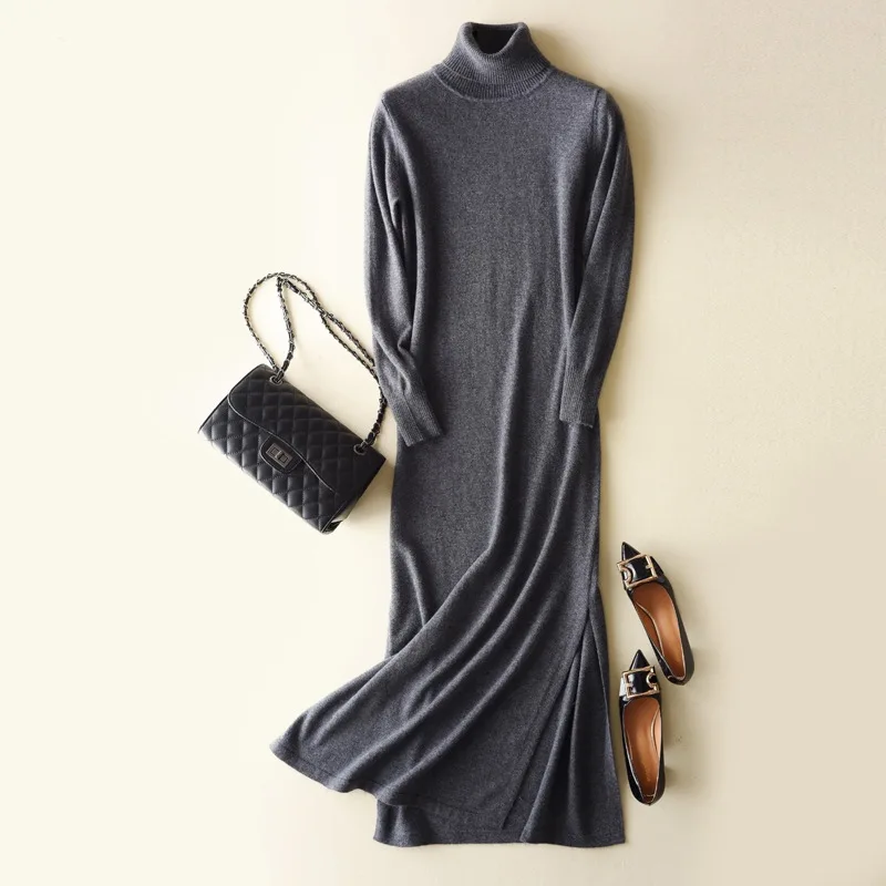 Отложной воротник полный рукав 30 кашемировое вязаное платье с Боковым Разрезом тонкое длинное платье женские длинные свитера вязаное осенне-зимнее платье#941 - Цвет: Темно-серый