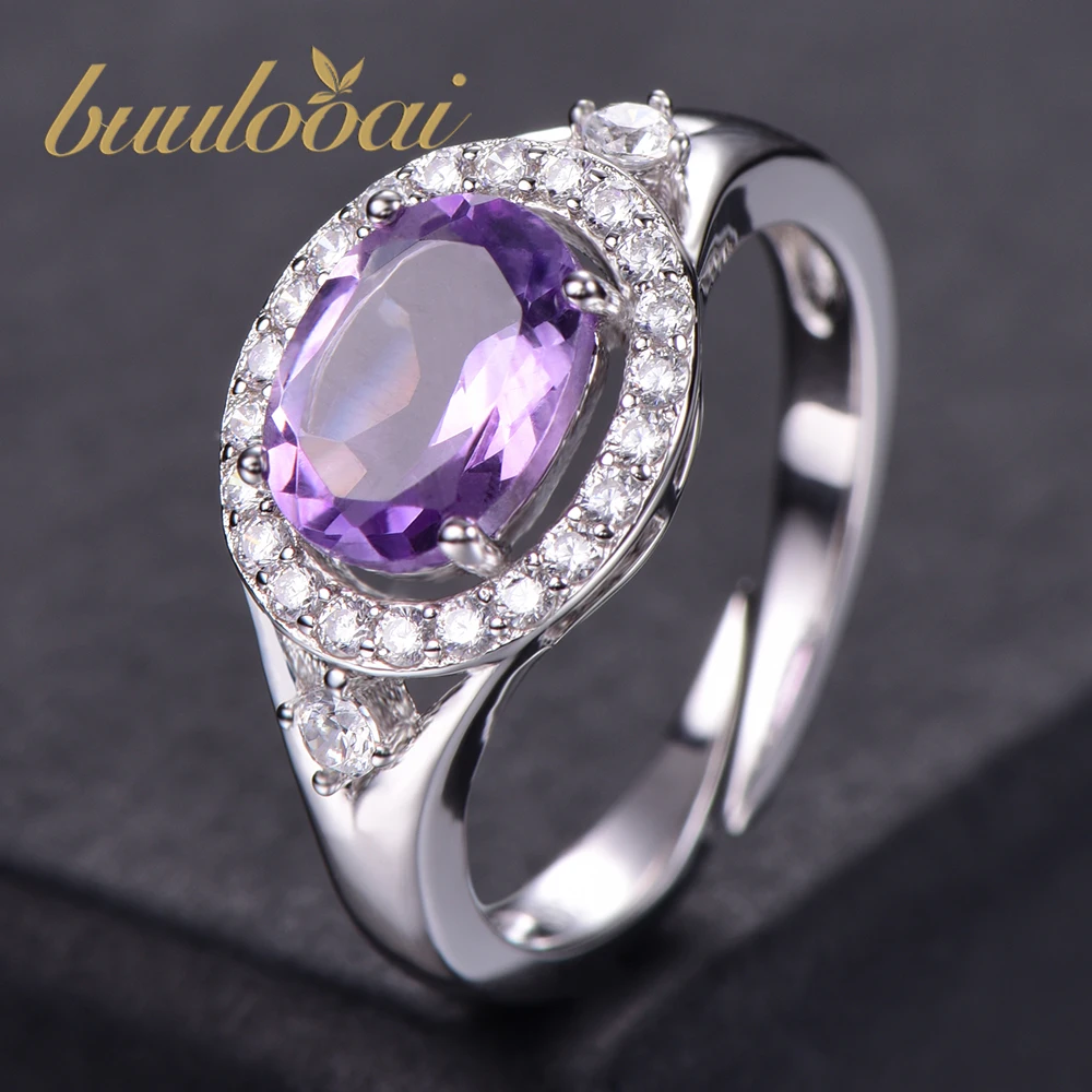 

buulooai Oval Natural Purple Amethyst Birthstone Solitaire Ring Solid 925 Sterling Silver Fine Jewelry For Women