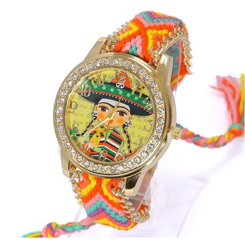 Geneva часы для женщин Винтаж Мексиканская Mariachi этнические Стразы Стиль циферблат модные наручные часы кружево золотая цепь коса Reloj - Цвет: Красный