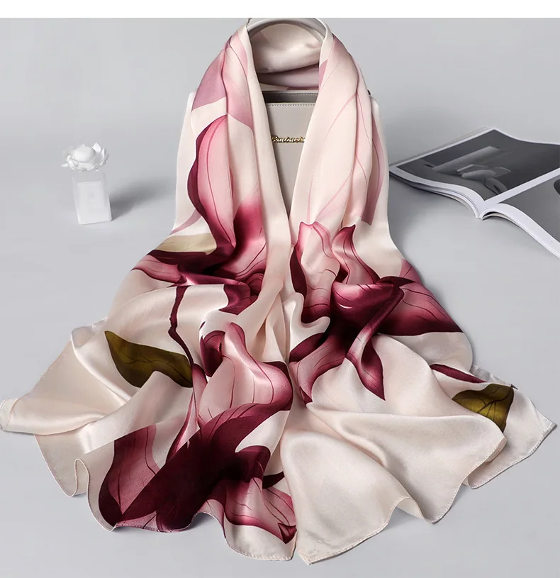 Натуральный шелковый шарф, женские роскошные брендовые дизайнерские шали и палантины, элегантные пашмины с цветочным принтом, длинные мягкие зимние шарфы, женские хиджаб