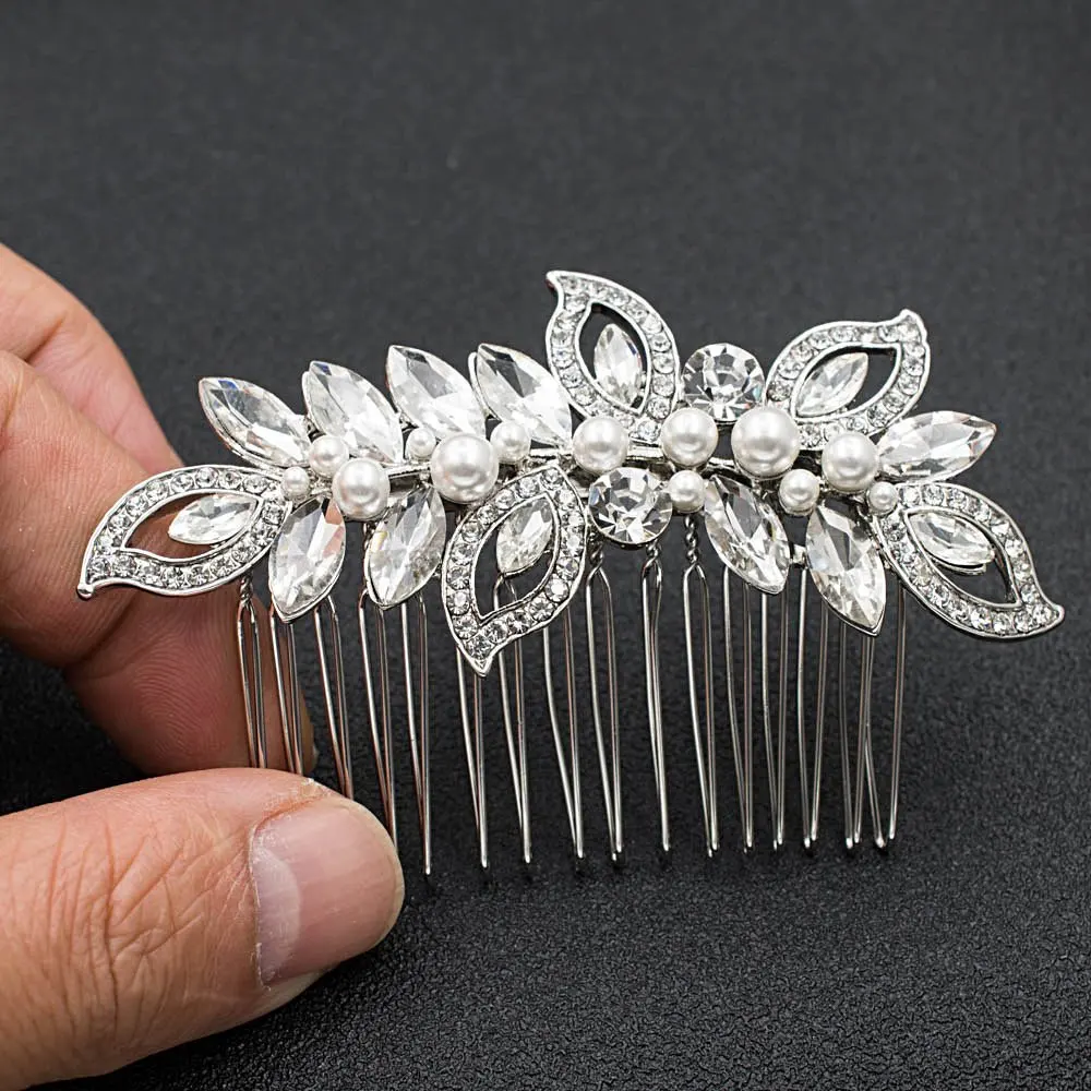 

Rhinestone Crystals Pearl Wedding Bridal Leaf Hair Comb Hairpins Women Hair Accessories Jewelry FA5093