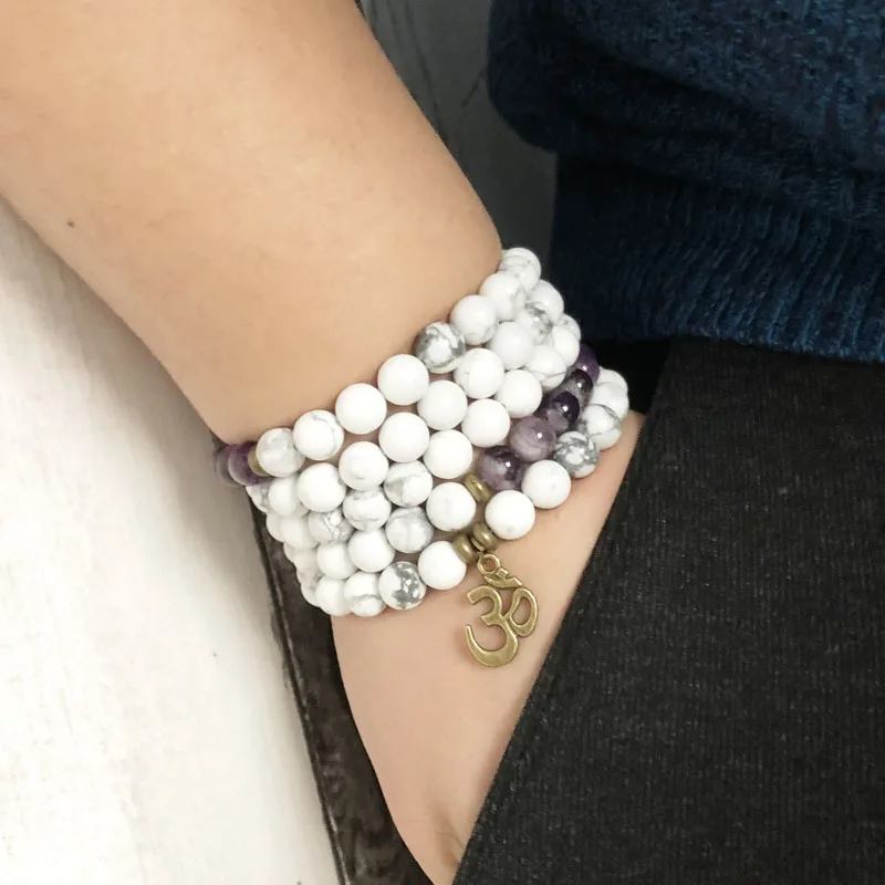 Молитвенные бусы Howlite Mala 108 8 мм ожерелье Ом и браслет фиолетового цвета A gate белый