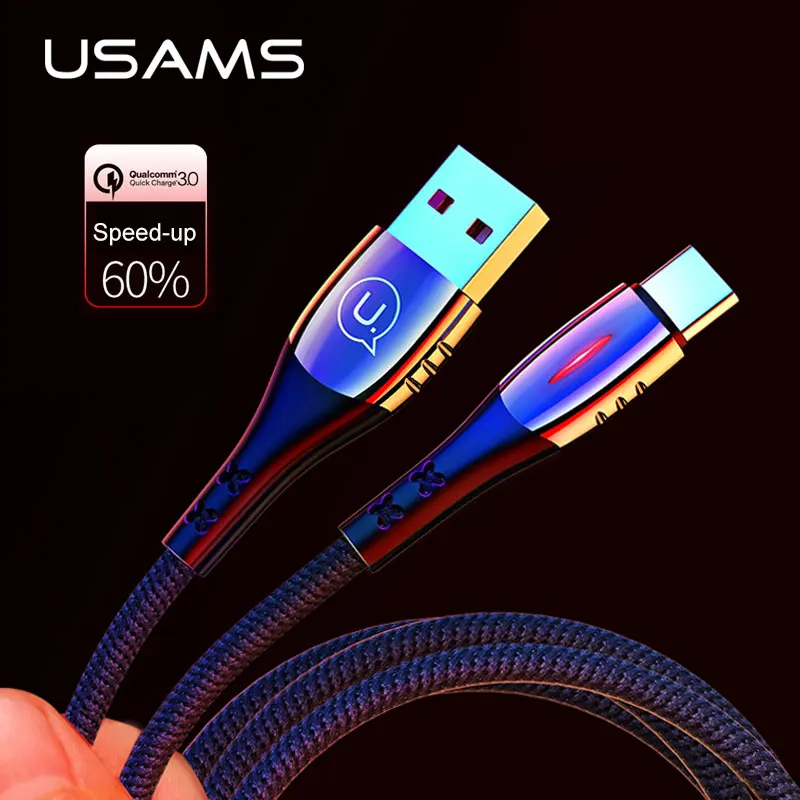 

USAMS USB Type C Cable Smart Power off,QC3.0 fast charge cables LED USB C cable smart charger cable for Samsung s10 8 Huawei P20