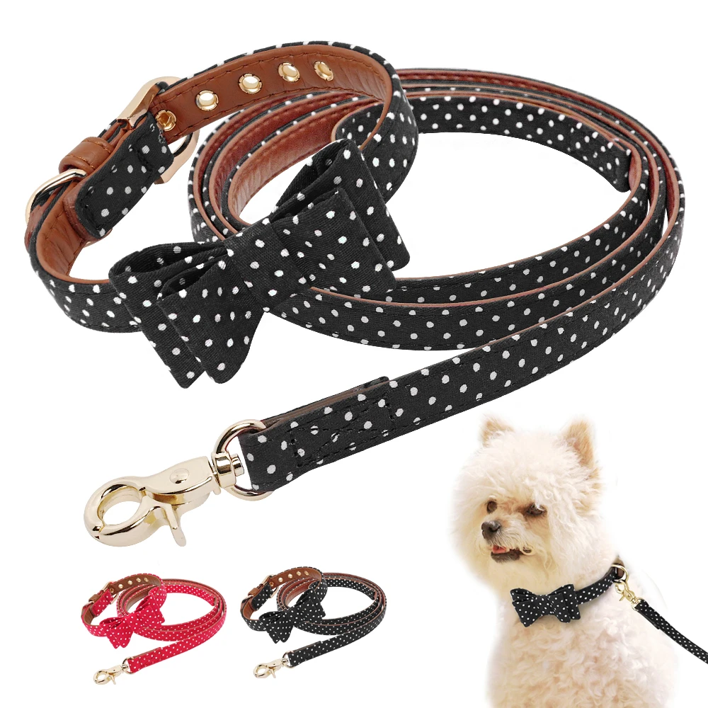 Puppy Halsband Set Lederen Pet Cat Strik Kraag Polka Dot Lood Touw Chihuahua Kleine Honden Wallking Kragen riemen|Sets| -