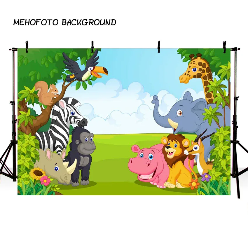 

MEHOFOTO 5x7ft Jungle Safari Themed animals birthday party banner photo background Baby Kids Portrait Party Backdrop