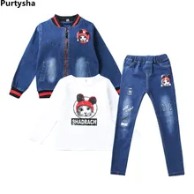 

Boutique Children Sets Autumn 2018 Printed Cat Denim Jacket Tshirt Broken Hole Pant Two Piece Teenager Girls Clothes 4 10 Years