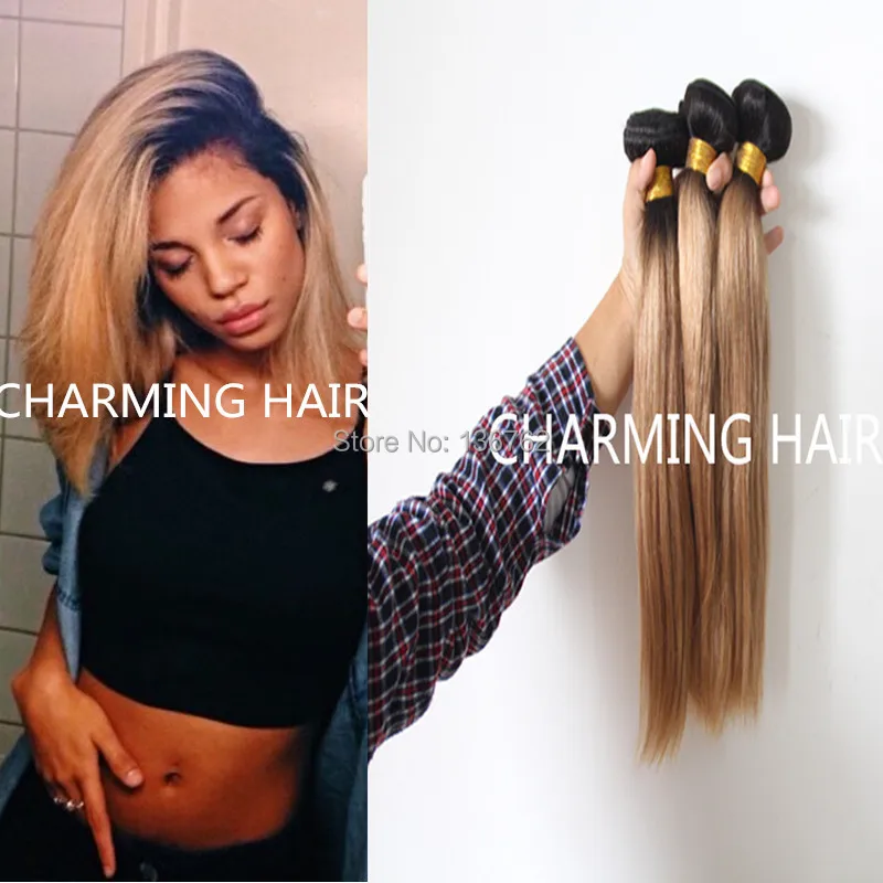 New Style 1b 27 Honey Blonde Dark Root Straight Ombre 2 Tone
