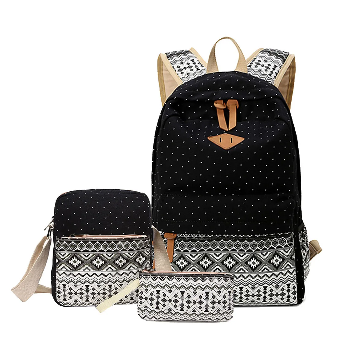 

3 pcs/set Polka Dot Printing Women Backpack Cute Lightweight Canvas Bookbags Middle High School Bags for Teenage Girls